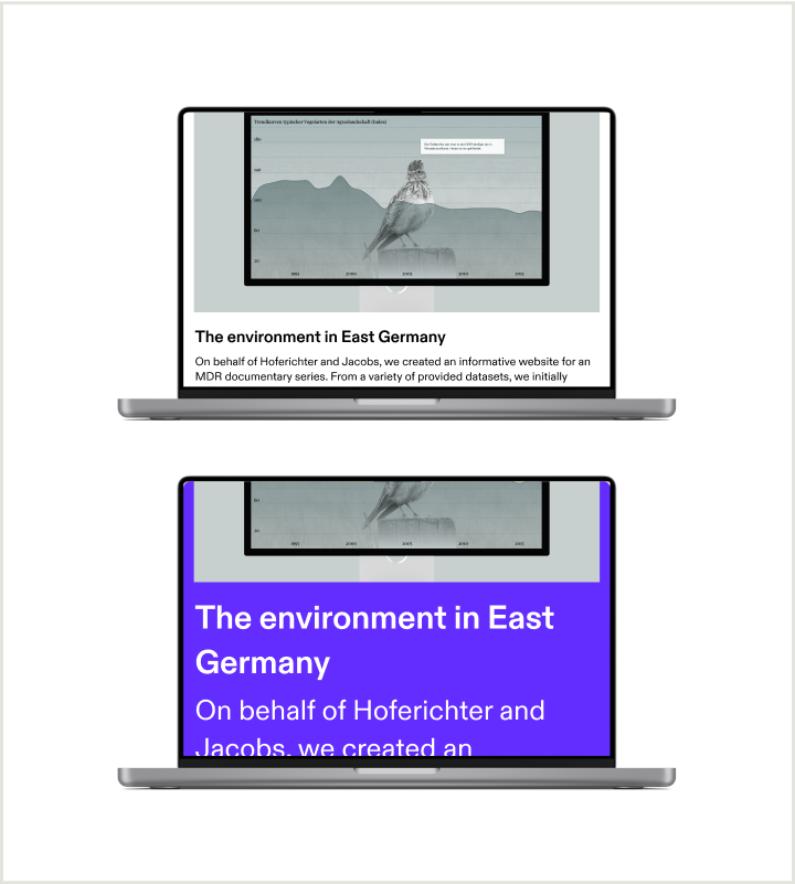 Two laptops show alternative versions of the figures website. In the first one, the portfolio is displayed with its default design. In the second one, the background color is changed to purple, and the text is white and bigger, to illustrate that the user can change those settings.