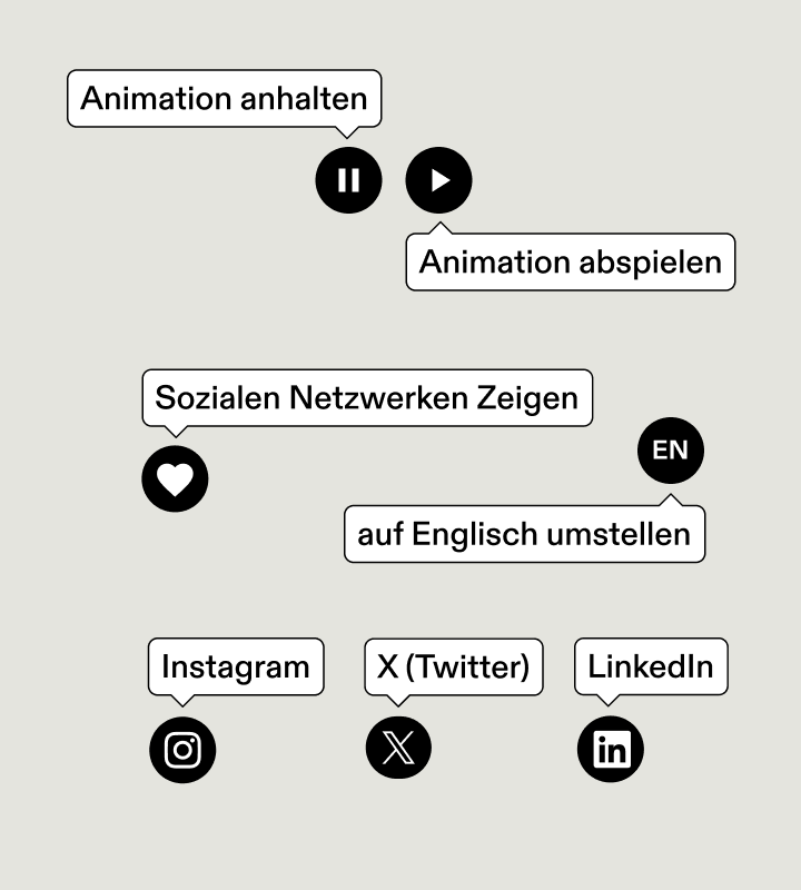 Mehrere Steuerelemente mit einem Tooltip, der ihre Funktion anzeigt (Anhalten oder Abspielen der Animation, Anzeigen sozialer Netzwerke...).