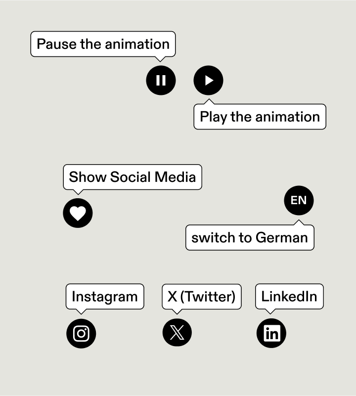 Multiple control elements with a tooltip indicating their function (pause or play the animation, show social networks…).