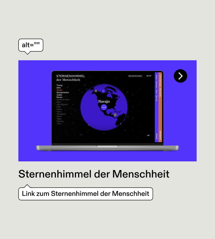 Ein Bild mit einem Tooltip darüber, der anzeigt, dass der alternative Text leer ist. Dies liegt daran, dass das Bild als dekoratives Element für einen Link verwendet wird und daher nur der Name des Links wichtig ist.