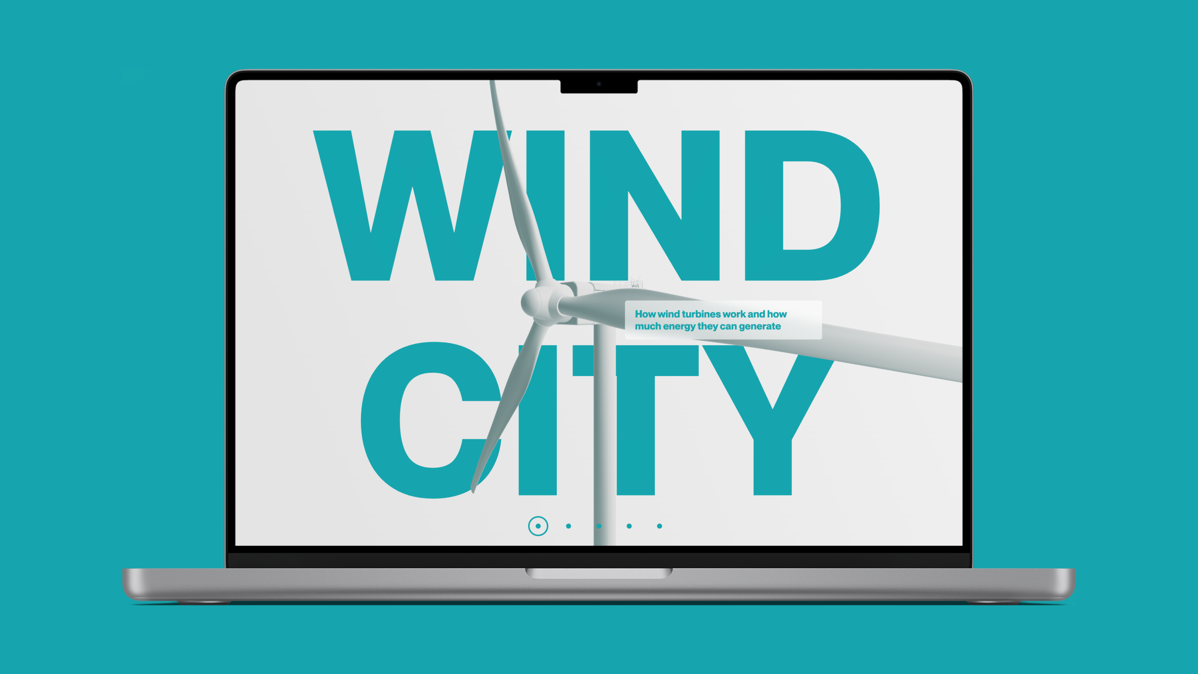 The “WIND CITY” website features an interactive 3D wind turbine model. As users navigate the site, the turbine responds in real-time to cursor movements.