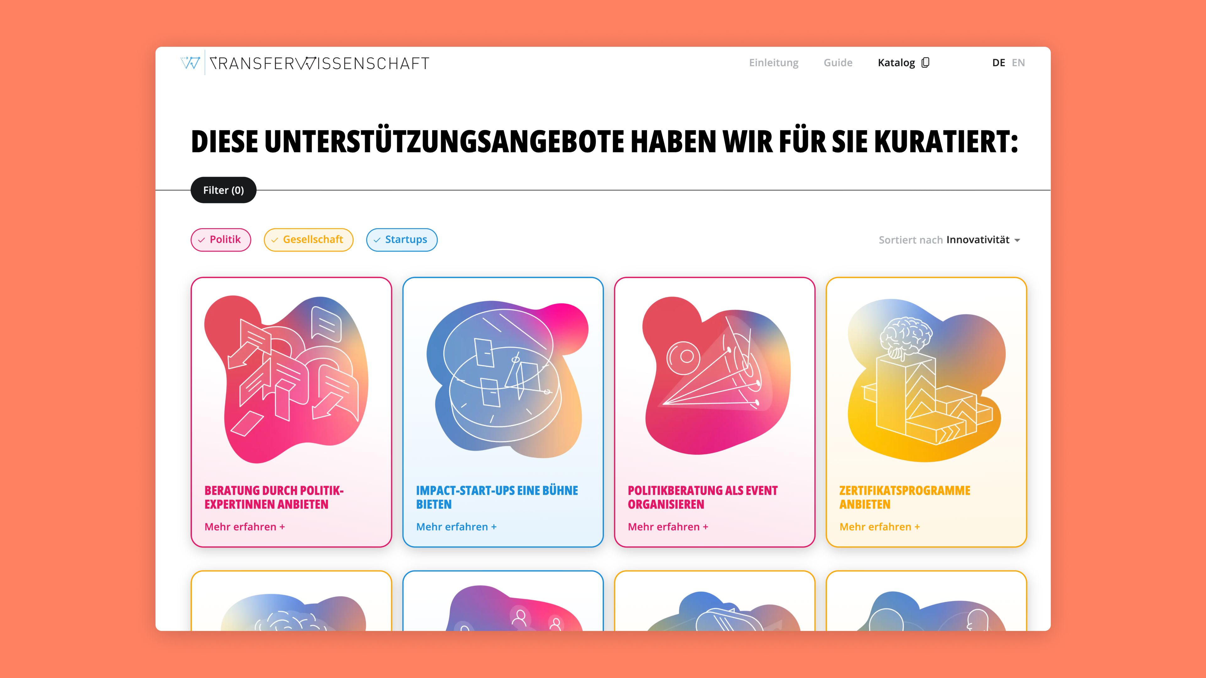 Der Katalogbereich der Website zeigt interaktive Karten der verfügbaren Unterstützungsdienste, auf die Sie klicken können, um mehr zu erfahren. Darüber kann ein Filter verwendet werden, um diese Karten nach Kategorien zu filtern und verschiedene Optionen zum Sortieren zu bieten.