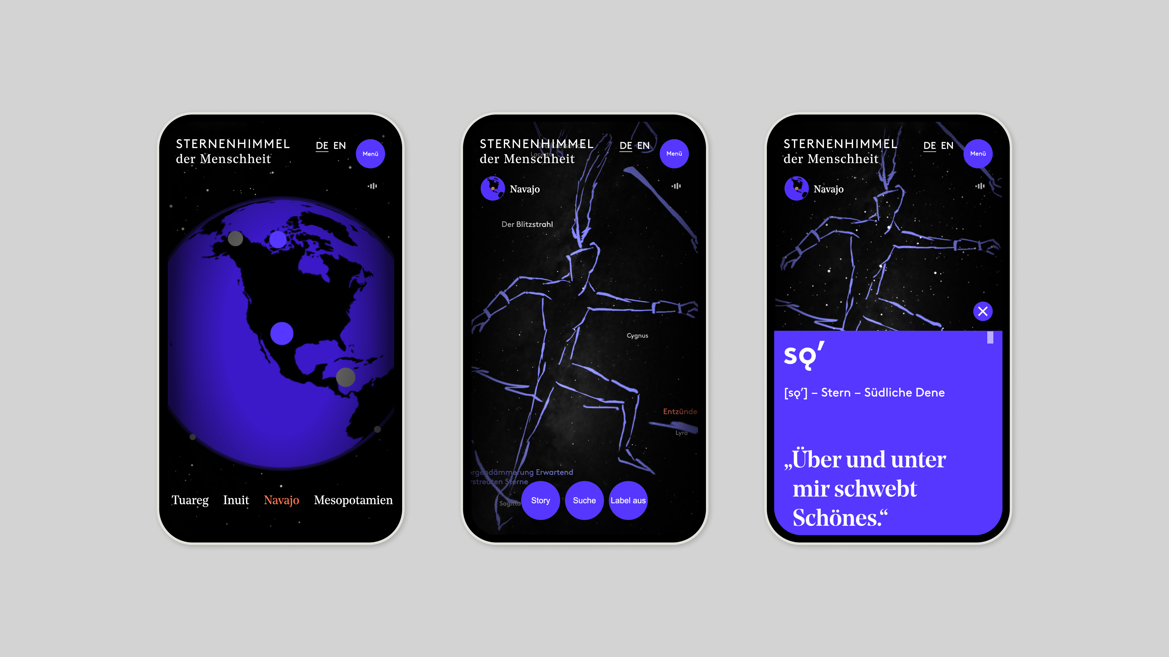 Smartphone screens showing how to navigate through the constellations of a culture. First by clicking on a 3D model of the earth, then seeing the 3D model of constellations and then reading the explanatory text.