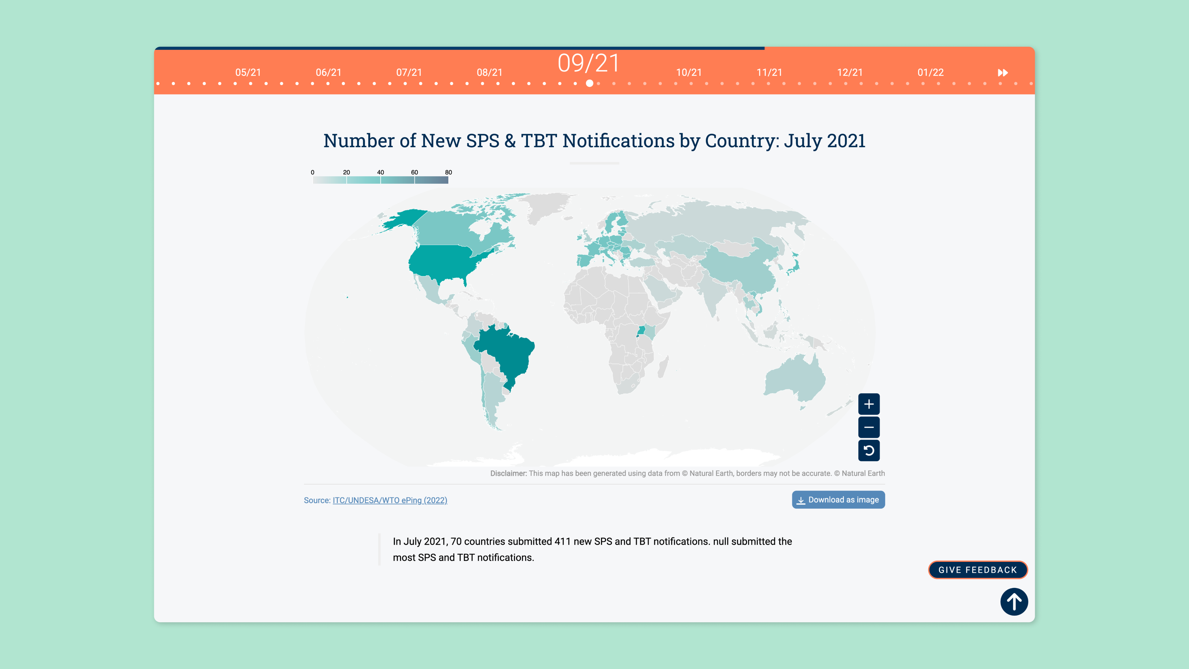 Eine Weltkarte, farbkodiert, um die Anzahl der neuen SPS- und TBT-Notifizierungen nach Ländern für Juli 2021 darzustellen.