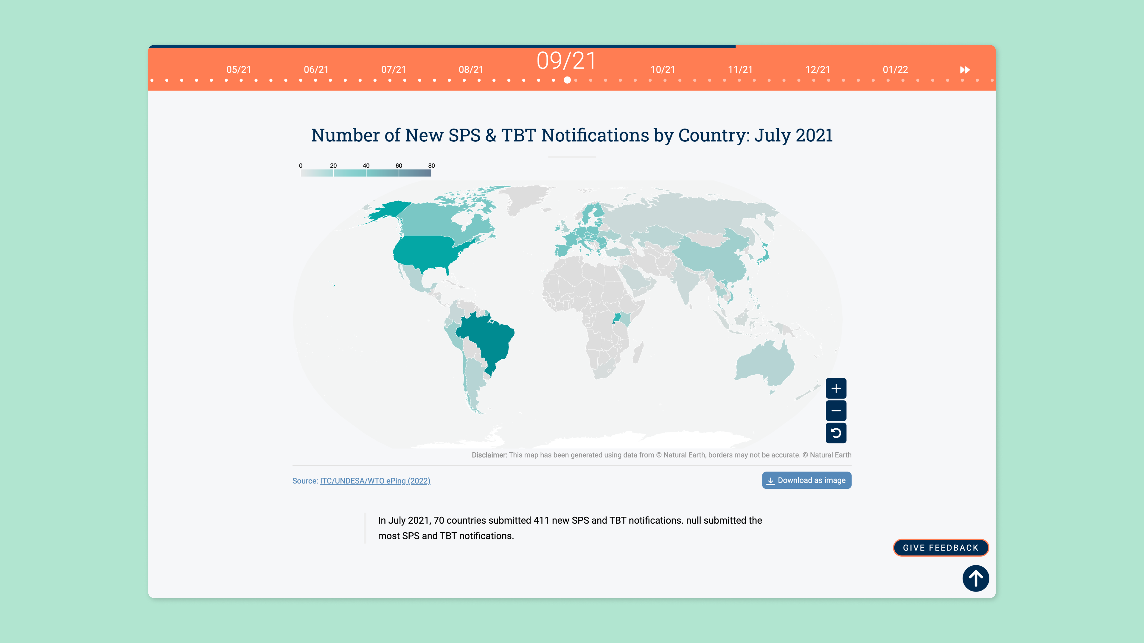 A world map, color-coded to represent the number of new SPS & TBT notifications by country for July 2021.