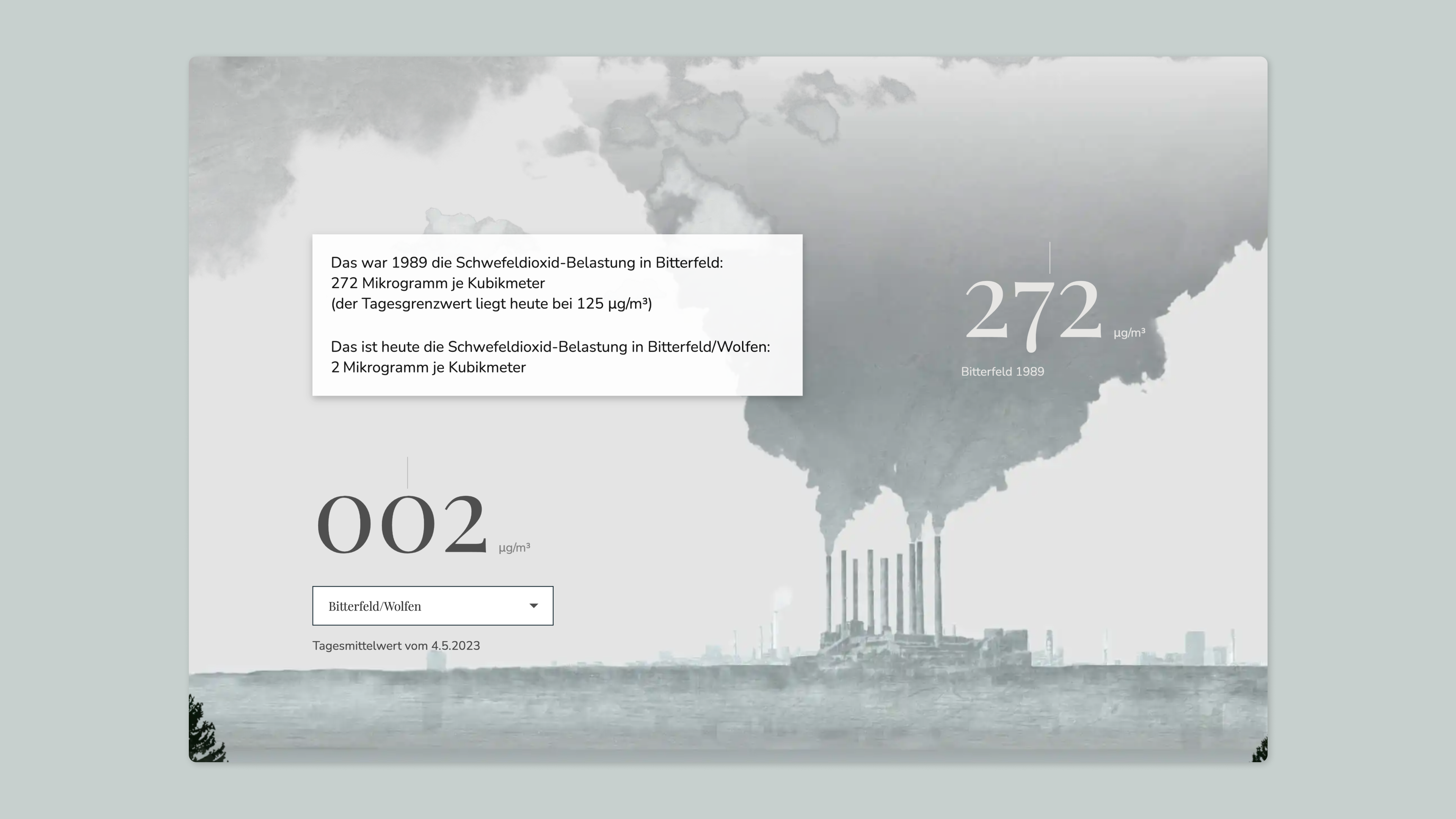 A factory releases a large amount of smoke, on it, we can read see the number 272 which represents the amount of sulfur dioxide load in Bitterfeld in 1998.