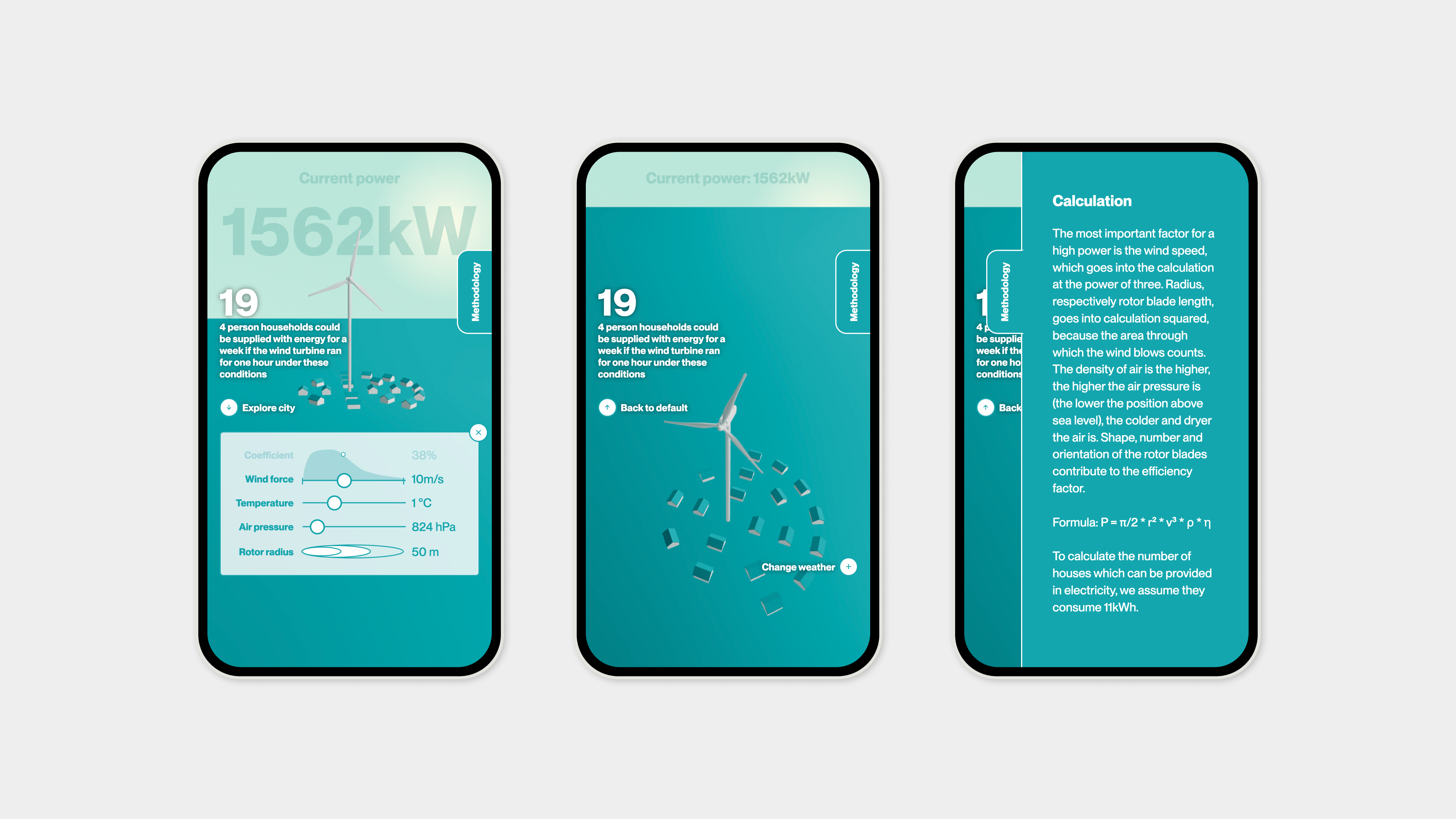 Drei mobile Bildschirme, die jeweils eine andere Funktion der App "WIND CITY" zeigen. Die ersten beiden zeigen das interaktive 3D-Tool, während der dritte eine textliche Erklärung des 3D-Inhalts zeigt.