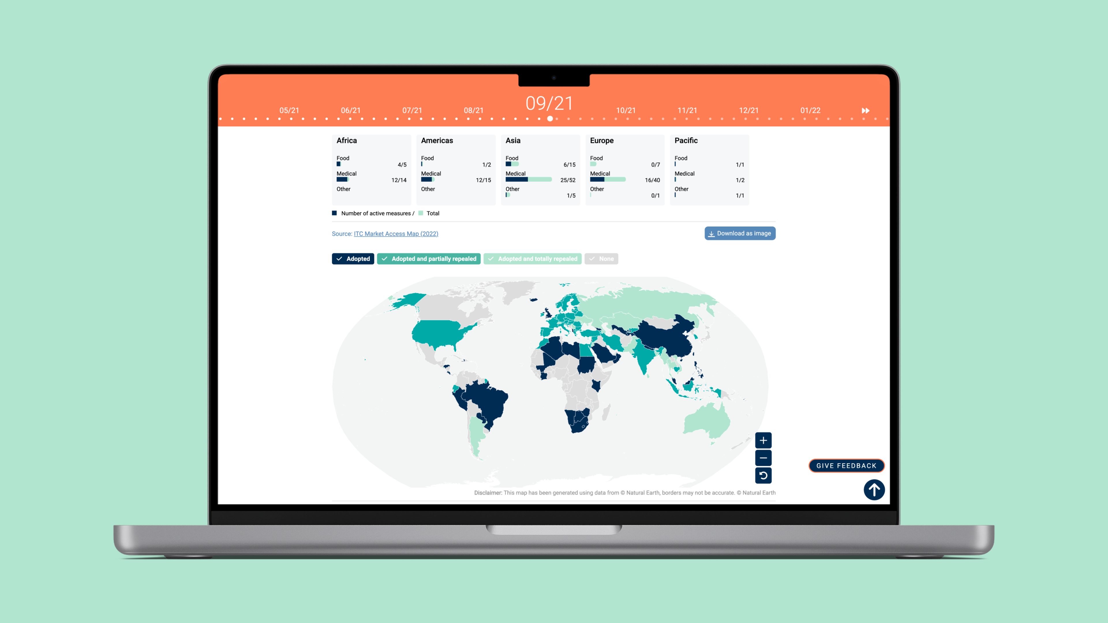 Die Website "Trade Briefs" zeigt eine Datenvisualisierung auf einer Weltkarte, die nach Regionen farbkodiert ist und einen globalen Überblick über die Handelsdaten bietet.