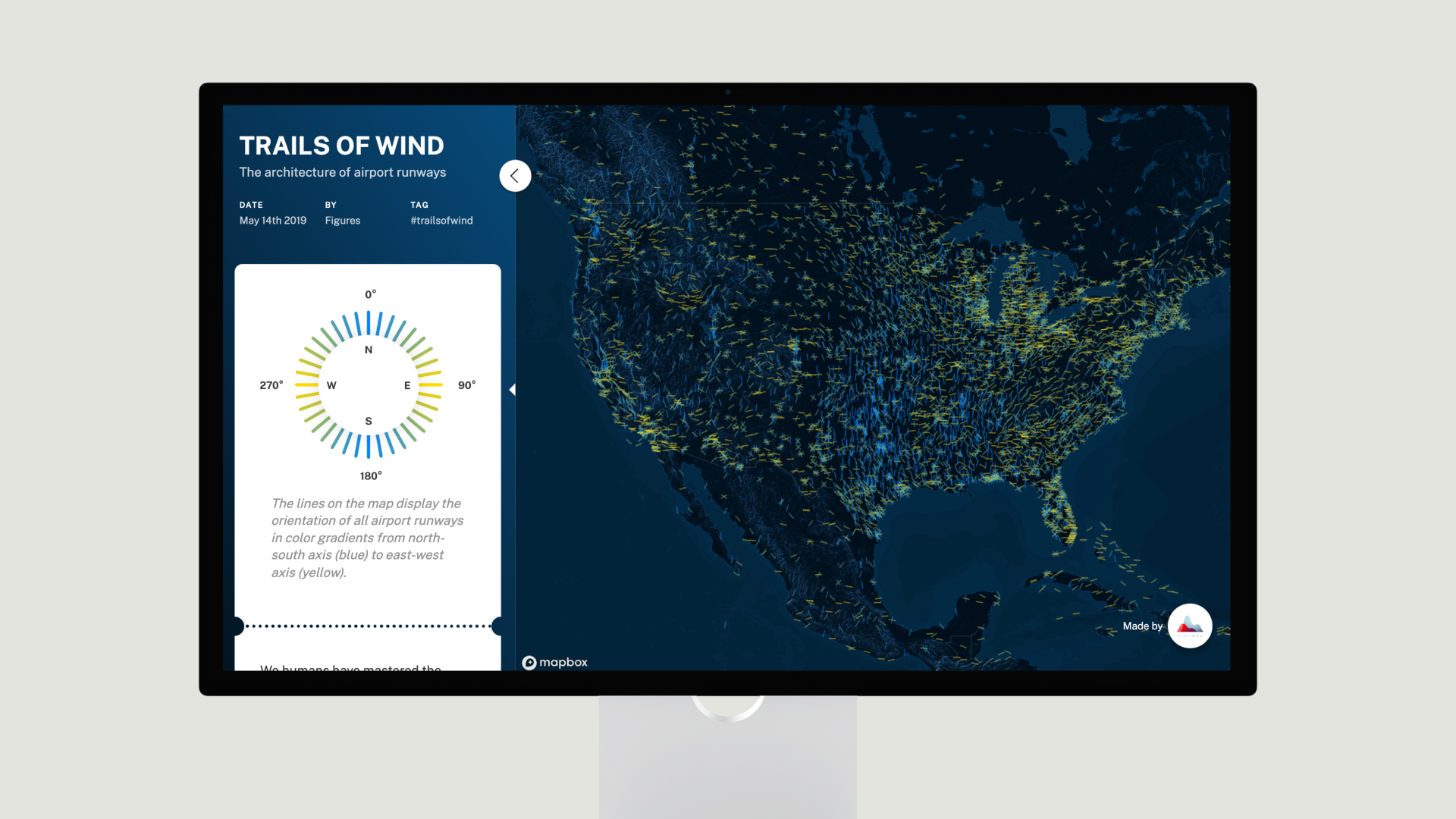 Ein Screenshot der Seite Trails of Wind, der eine Karte der USA mit vielen kurzen Strichen zeigt, die die Ausrichtung der Landebahnen repräsentieren