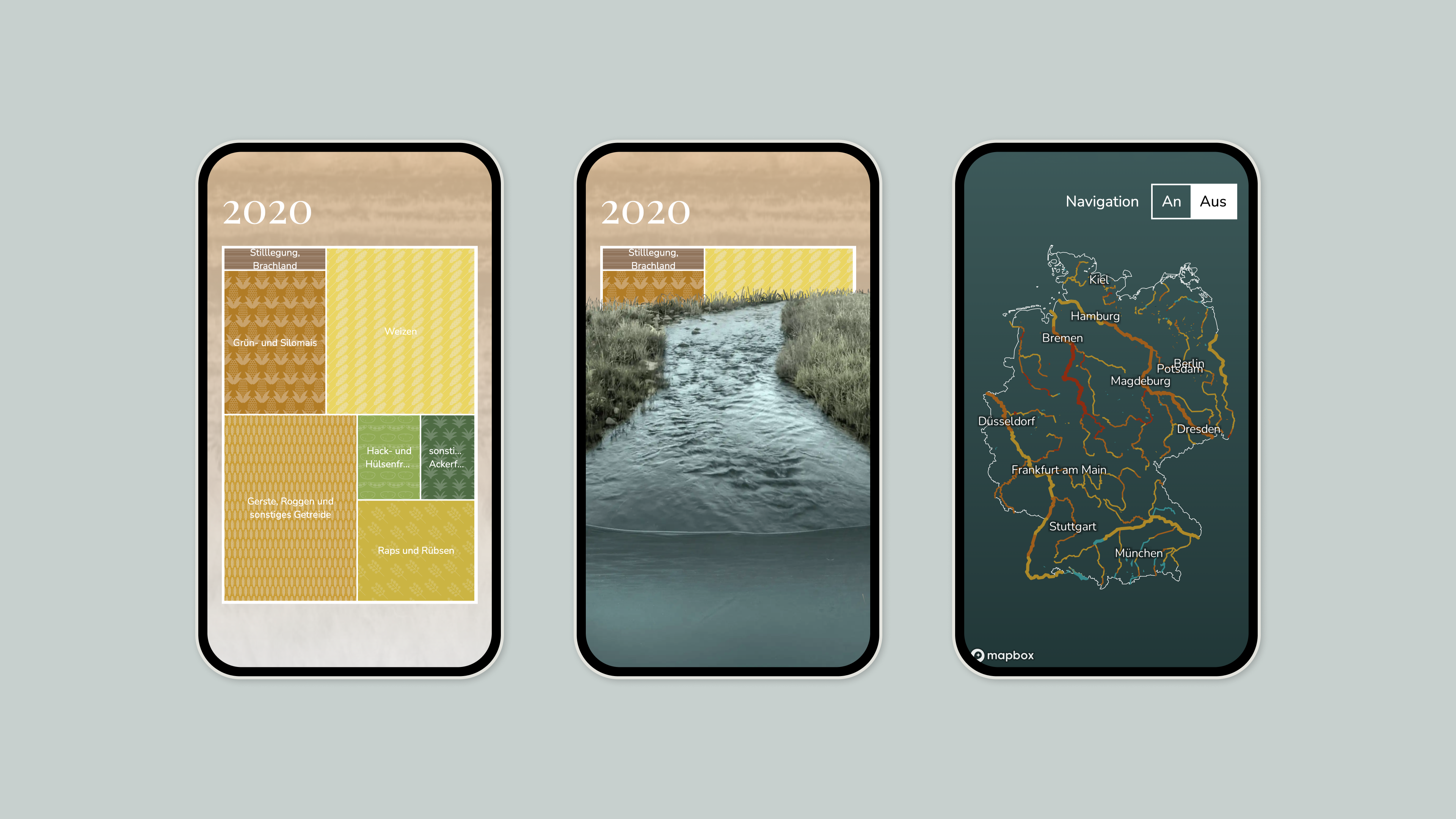 Drei Smartphone-Bildschirme mit einer Treemap, die Daten über Deutschlands Felder zeigt, ein Overlay mit einem Bach und eine Karte, die den Zustand der Flüsse in Deutschland visualisiert.